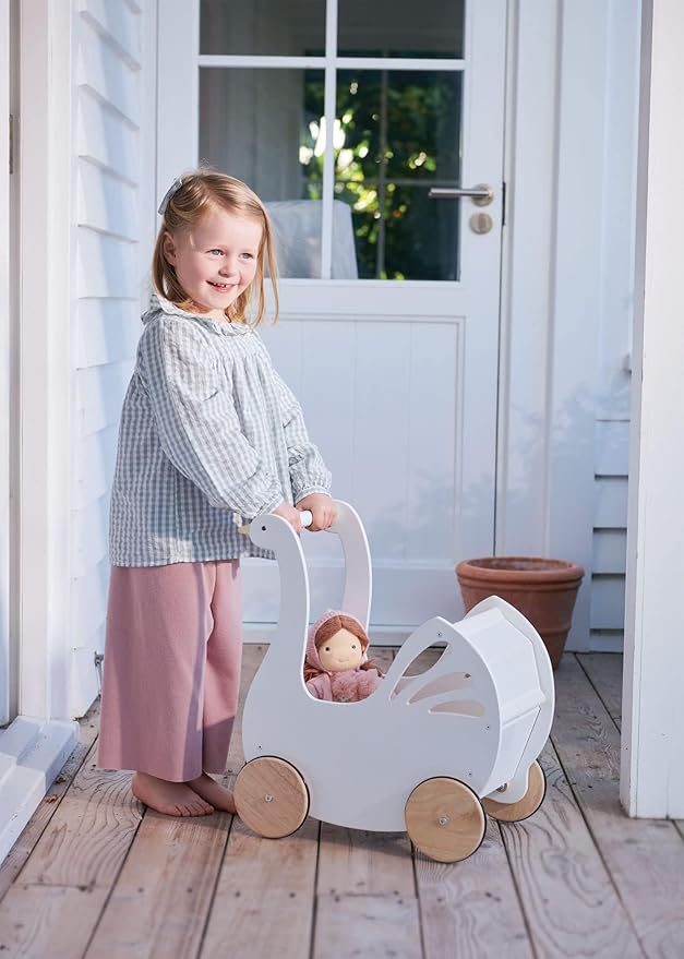 Tender Leaf Toys - Sweet Swan Pram - Wooden Swan Shape Dolls Stroller - Inspired Role-Play Toy for Boys and Girls, Improve Gross Motor Skills and Creativity - Age 18m +