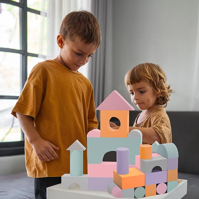 Set of 34 Jumbo Large Foam Blocks for Toddlers - Stacking Soft Blocks for Kids with Shapes & Colors Learning - Construction Building Preschool Toys - Giant Foam Bath Blocks for Toddlers 3-5 & above