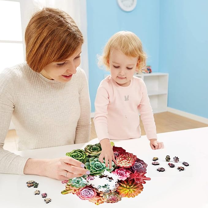 Succulent Bouquet Wooden Puzzles for Adults, 200 Pieces Mandala Round Jigsaw Puzzles, Medium Size Unique Shaped Liberty Wood Puzzle Gift for Kids, Family Game 11.3'' x 10.5''
