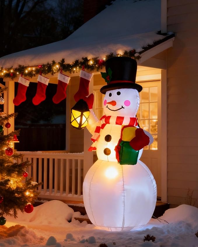 4FT Inflatable Christmas Snowman with Lantern, Blow Up Outdoor Navidad Decor with Built-in Rotating LED Lights for Lawn, Garden, Patio Holiday