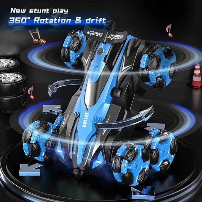 Spray 6 ruedas Rc Stunt Car Pulverización 360 grados Flip Rotating Drift Doble cara Rc Cars Juguetes de Control remoto LRE (Blue)
