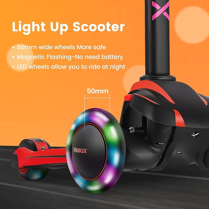 TONBUX Kids Scooter for Age 3-12, Toddler Scooter with 4 Adjustable Heights, Light Up 3-Wheels Scooter, Shock Absorption Design, Lean to Steer, Balance Training Scooter for Kids