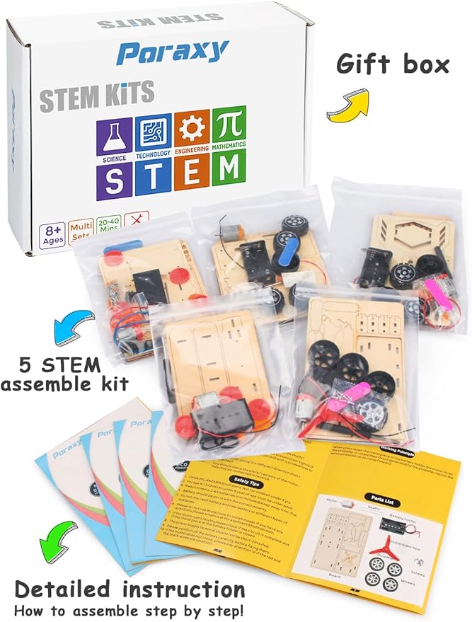 Poraxy 5 in 1 STEM Kits for Kids Age 8-10, Science Building Project Craft for 8-13, Model Car Kit, STEM Toys for Boys Girls Age 8-12, Wooden 3D Puzzles, Birthday Gifts for 6 7 8 9 10 11 12 13 Year Old