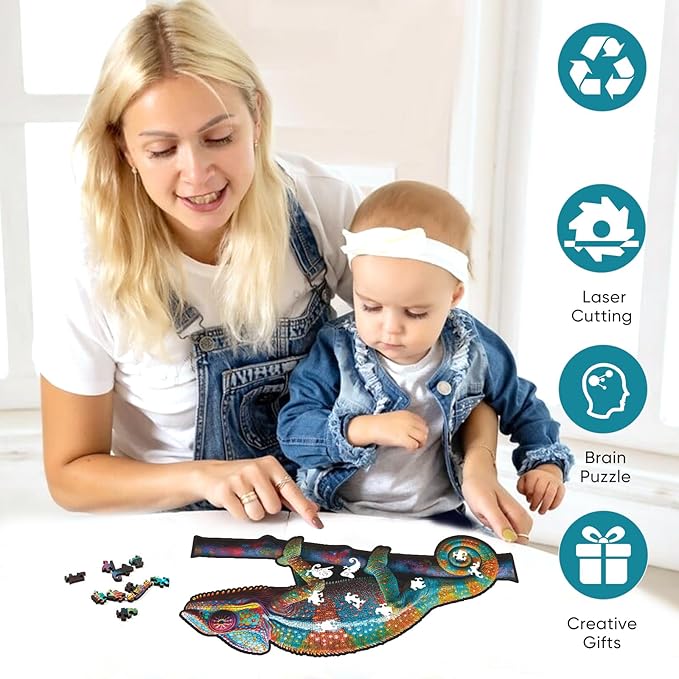 Wooden Puzzles for Adults, Chameleon Jigsaw Puzzles 500 Piece, Unique Shape Puzzles for Adults and Kids, Fun Challenging Puzzles Family Game Gift, 23.5 x 11.47 Inches