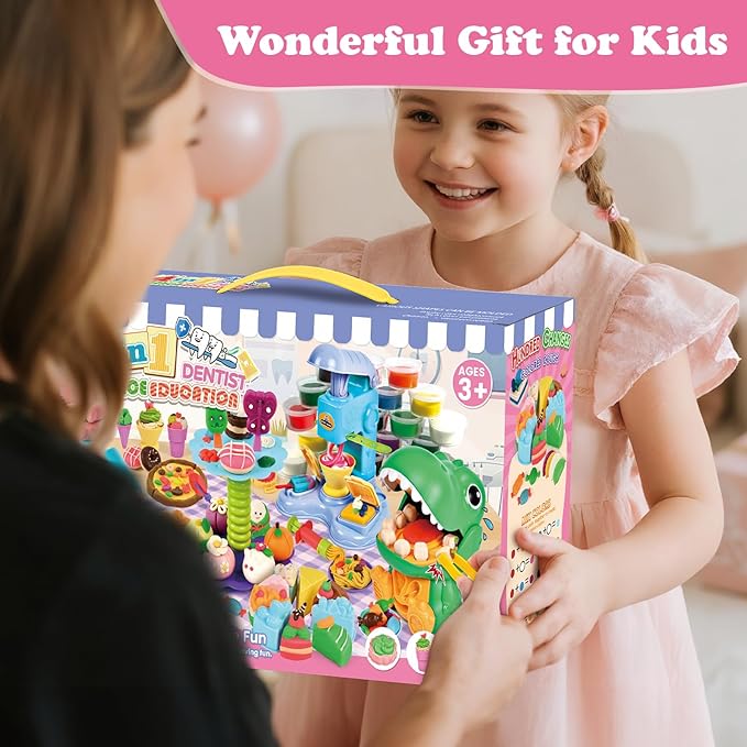 93 PCS 4 in 1 Dough Sets for Kids Ages 3-4-8, Art Crafts Dough Tools Kit, Dinosaur Dentist Playset, Ice Cream, Mooncake Maker Machine, Dessert Rack, Kitchen Creations Food Play Toys Boys Girls