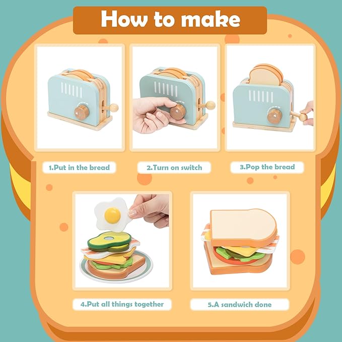 Wooden Pop up Toaster Play Kitchen Set, 17PCS Play Food Accessories for Toddlers Early Learning,Pretend Play Breakfast Playset, Toys Gift for Toddlers Girls & Boys