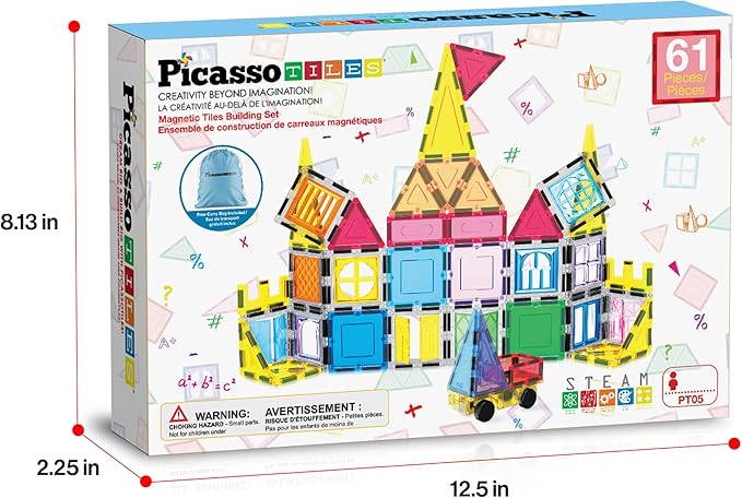 PicassoTiles Magnetic Tiles 61pc Magnet Tile Building Blocks Construction Sensory Toy Set with Storage Carry Case Drawstring Bag STEM Kids Learning Educational Pretend Play Boy Girl Ages 3+ & Up PT05