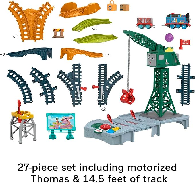 Thomas & Friends Motorized Train Set, Talking Cranky Delivery Set, Talking Crane & Battery Powered Toy Train with Songs & Sounds (Amazon Exclusive)