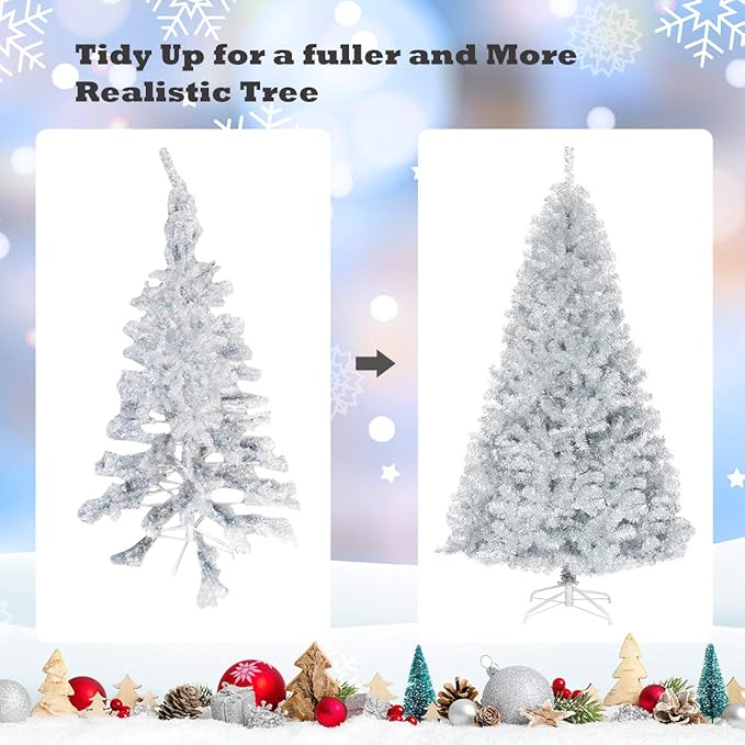 GOFLAME 7.5 FT Artificial Christmas Tree Hinged with 1258 Branch Tips, Silver Tinsel Christmas Tree with Metal Stand, Electroplated Technology for Indoor and Outdoor Holiday Decoration