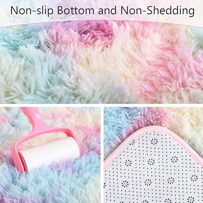AROGAN Soft Rainbow Area Rugs for Girls Room 2x6 Feet, Fluffy Girls Bedroom Rugs, Princess Rug, Cute Colorful Carpet for Kids Teens Nursery Toddler, Pink
