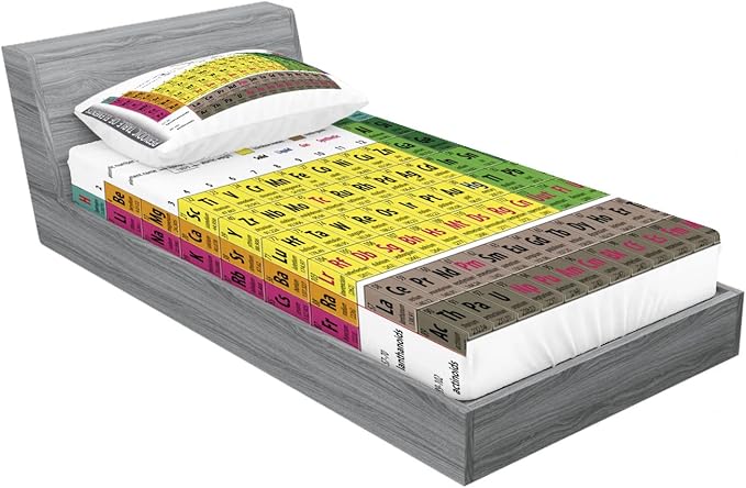Ambesonne Modern 2 Pack Fitted Sheet & Pillow Sham Set, Chemistry Chart, 4 Pcs Bedding Decor, Package Contains 2 Twin Size Fitted Sheets & 2 Pillow Covers, Yellow