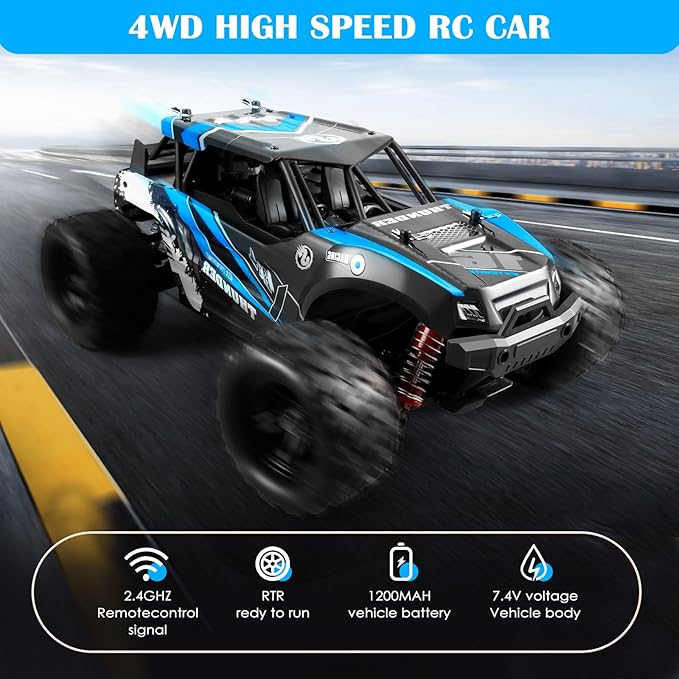 1:18 Scale RC Cars, 36 KM/H High Speed, 2.4 GHz Remote Control and 2 Rechargeable Batteries,4 Shock Absorbers, for Xmas (Blue)