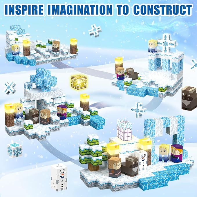 200PCS Magnetic Blocks Frozen Toys, 1" Light Up Building Blocks Magnet Cubes Tiles for Toddlers Boys Girls 3+, Build Princess Castle Snow World, STEM Sensory Construction Toys
