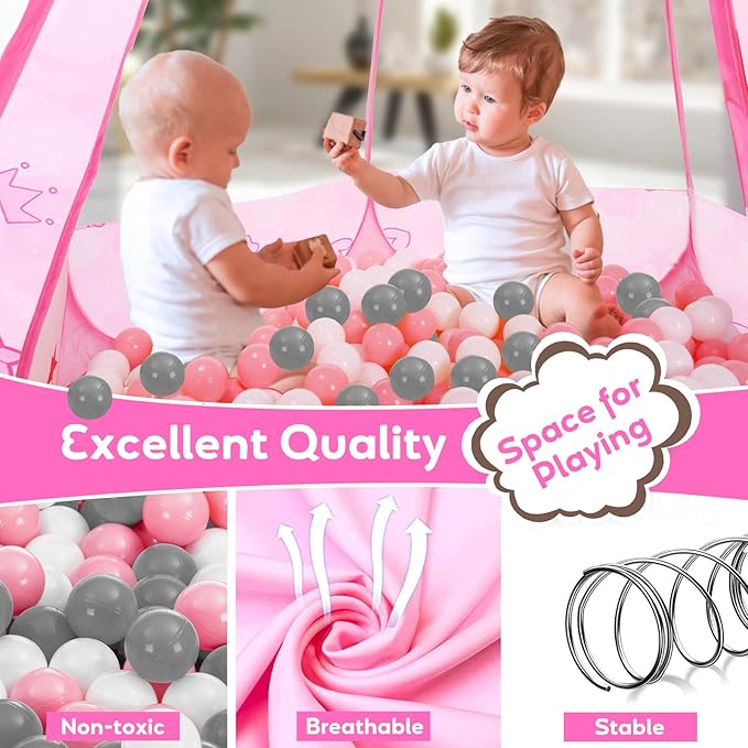 Baby Ball Pit for Toddler with 50 Balls, Kids Pop Up Play Tent for Girls, Princess Toys for Children Indoor Outdoor Playhouse with Carry Bag