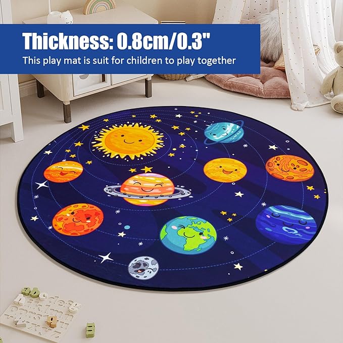 Round Space Rug for Kids Room Solar System Circle Rugs for Bedroom Kids Rugs for Playroom Boys Space Planet Theme Rug Living Room Dining Room Decor 40x40 inch