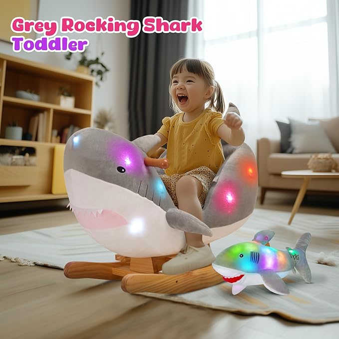 Glow Guards Grey Shark Rocking Horse with Chair Muical Light up Shark Stuffed Animal for Ages 1-3 Toddlers Kids Babies Ride Toy Birthday Christmas