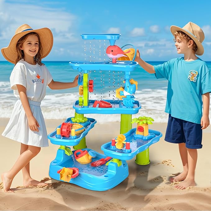 Water Table for Toddler, Rain Shower Splash Pond Toddler Water Table, Kids Water and Sand Activity Sensory Play Table, Summer Outdoor Toys for Toddlers 3-5 4-8 Years Old Boys Girls