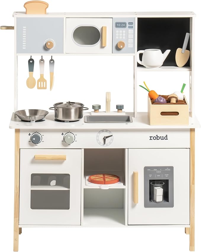 ROBUD Kids Play Kitchen - Wooden Toy Kitchen with Planting Box, Montessori Pretend Kitchen playset with Ice Maker and Pizza Oven for Toddlers 3-8