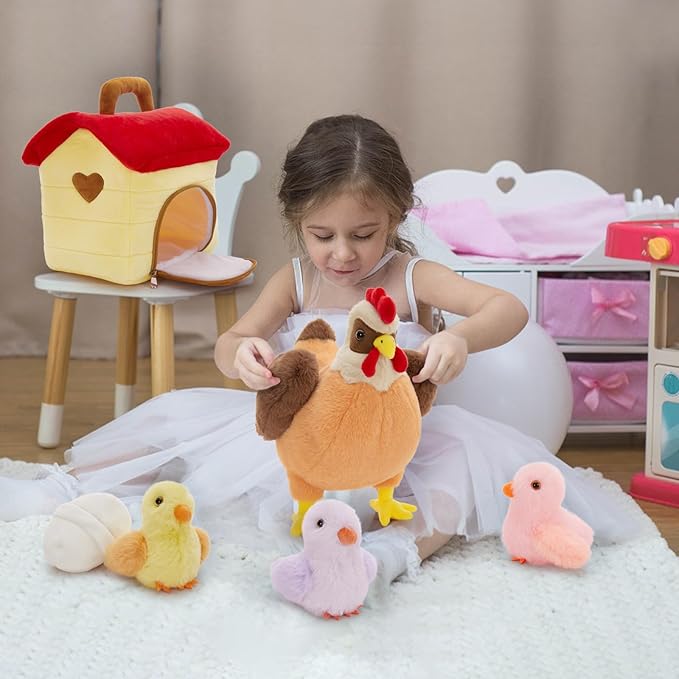 Tezituor 6 Pcs Chicken Stuffed Animals Set with Coop,14" Mother Hen with Baby Chicks&Egg Plush Toy,Soft Farm Animal Plushies for Toddlers Kids Home Farm Decor Easter Gifts