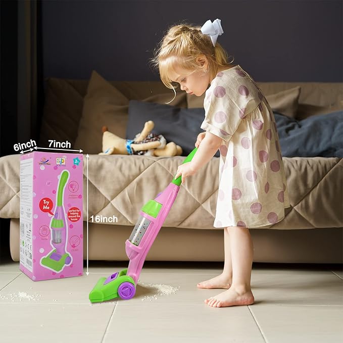 Kids Pink Vacuum Cleaner with Light & Realistic Sounds - Pretend Role Play Household Cleaning Set, Kids Cleaning Toys for Toddler Children (Pink Color)