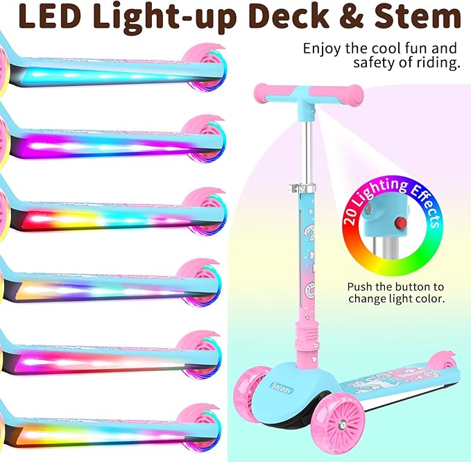 BELEEV A9 Kids Scooter with LED Light-Up Wheels & Deck, 3 Wheel Folding Scooter for Toddlers Girls Boys Ages 3-12, Adjustable Handlebar, Lean to Steer, Extra-Wide Wheels, Kick Scooter for Children