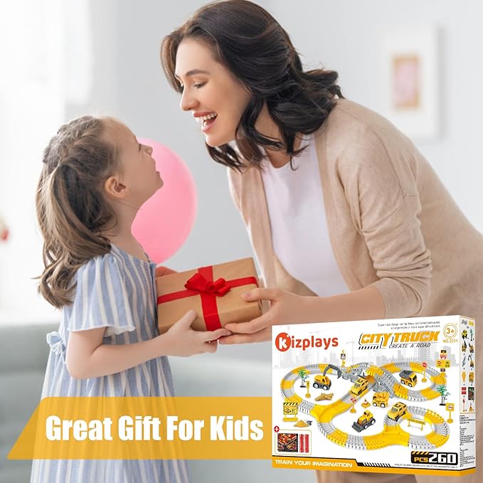 260 PCS Construction Race Tracks for Kids Toys, 2 Electric Cars, 4 Construction Cars, 1 Map & Flexible DIY Track Set, Engineering Toys for 3 4 5 6 Year Old Boys Girls