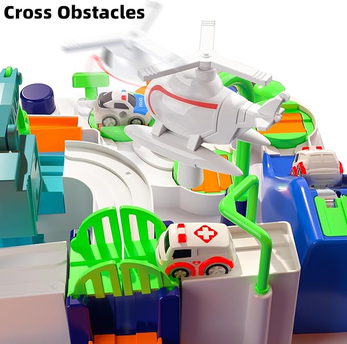 TEMI Boys Toys Car Track, Kids Race Track City Adventurous Toy for 3 4 5 6 7 Years Old Boys Girls - Car Toys with 3 Cars, Car Track Toys for Boys Age 3, Birthday Gifts Toys for Boys 3-5 Years Old