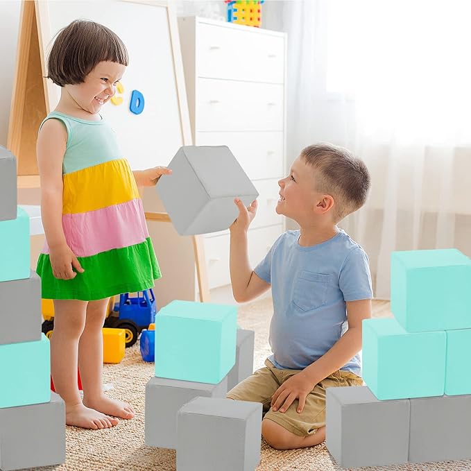 TRENDBOX 6 Pcs Toddler Foam Blocks, 5.5inch Soft Foam Cubes with Detachable Washable Cover, Soft Play Blocks for Toddlers and Kids (Light Gray/Blue)