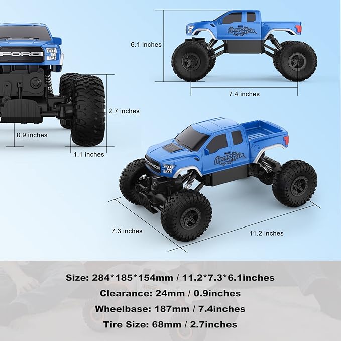 DOUBLE E Ford Raptor F150 RC Car 4WD 2 Motors Monster Trucks for Boys, 11 Inches Off Road Crawler Vehicle Truck Toy for Kids, Blue