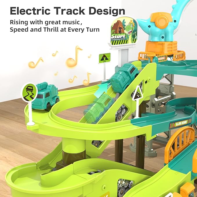 66PCS Dinosaur Engineering Adventure Track Set for Kids 3+,Electric Climbing Ladder Rotating Crane, Interactive Construction Playset with Music, 4 Mini Cars & 2 Dinosaur Figures, Ideal Gift