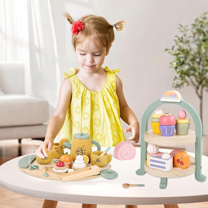 Wooden Tea Party Set for Little Girls, Toddler Tea Set with Cupcake Stand & Food Dessert, Pretend Play Food Kitchen Accessories for Kids Girls Age 2 3 4 5 6 Birthday Gift Wood Educational Toys