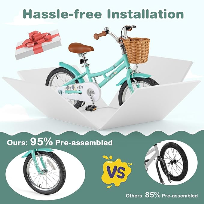 BABY JOY Retro Kids Bike, 12 14 16 18 Inch Child Bike for 3-8 Years Old w/Rattan Basket, Adjustable Height, Training Wheels, Fenders, Handbrake Coaster Brake, 95% Pre-Assembled Kids Bicycle for Girls