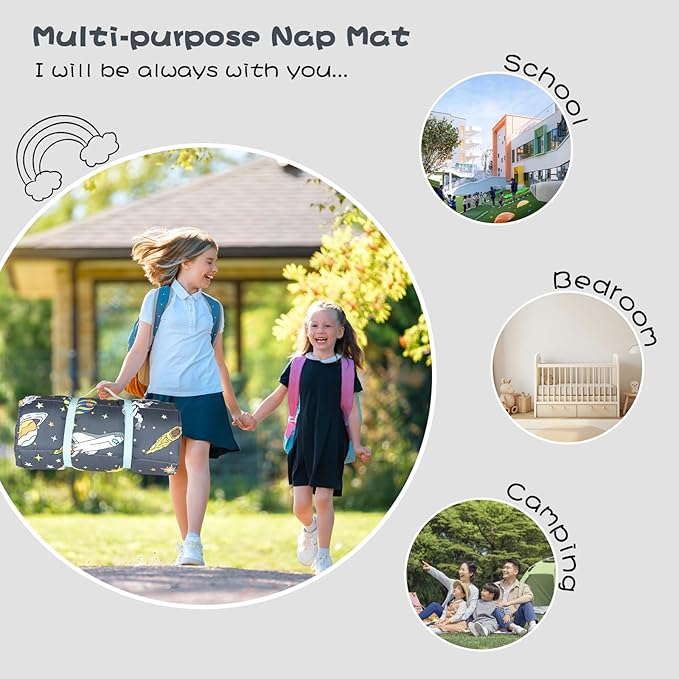 Toddlers Nap Mat with Removable Pillow and Soft Blanket, Lightweight Daycare Preschool Kindergarten Sleeping Bag, Travel Slumber for Kids Girls Boys