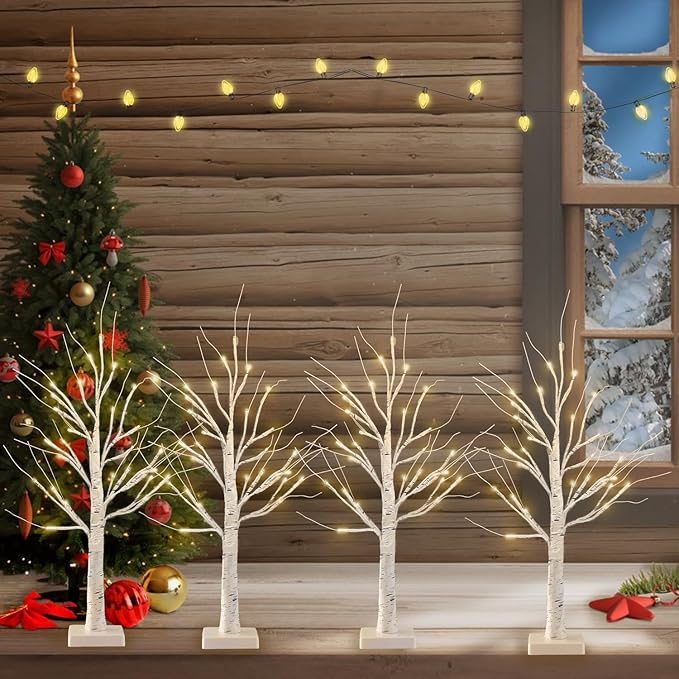 4-Pack 2FT Lighted Birch Tree for Christmas Decor with Timer, Birch Christmas Tree with 24 LED Warm White Lights, Battery Operated Artificial Tree Light for Indoor Bedroom Wedding Holiday Decorations