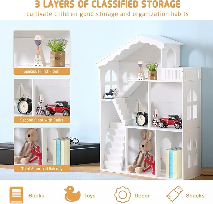 Dollhouse Bookshelf, Wooden Kids Bookshelve Children Doll House Toy Storage 3-Tier Bookcase for Books Gift for Girls Ages 3-7+