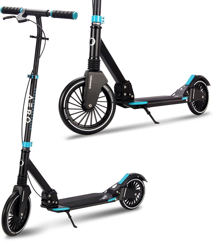 Aero Big Wheel Scooters for Kids Ages 8-12, Teens and Adults. Manual Kick Scooter for Boys and Girls, with Hand Brake, Rubber Mat, Shock Absorption, Foldable and Height Adjustable
