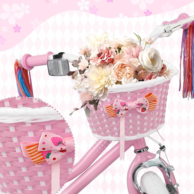 KORIMEFA Girls Bikes Ages 2-4 4-6 6-8 with Training Wheels 12 14 16 Inch, Little Small Kids Princess Toddler Bicycle with Streamers, Pedal Bike with Basket and Doll Seat, Coaster Brake, Birthday Gift