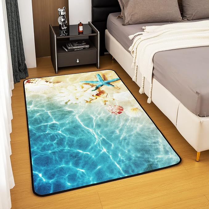 Ocean Area Rugs 5x7, Beach Rug, Coastal Nature Theme Teal Carpet, Boys Girls Hawaiian Sea Wave Animals Shell Starfish Washable Accent Rug for Bedroom, Blue