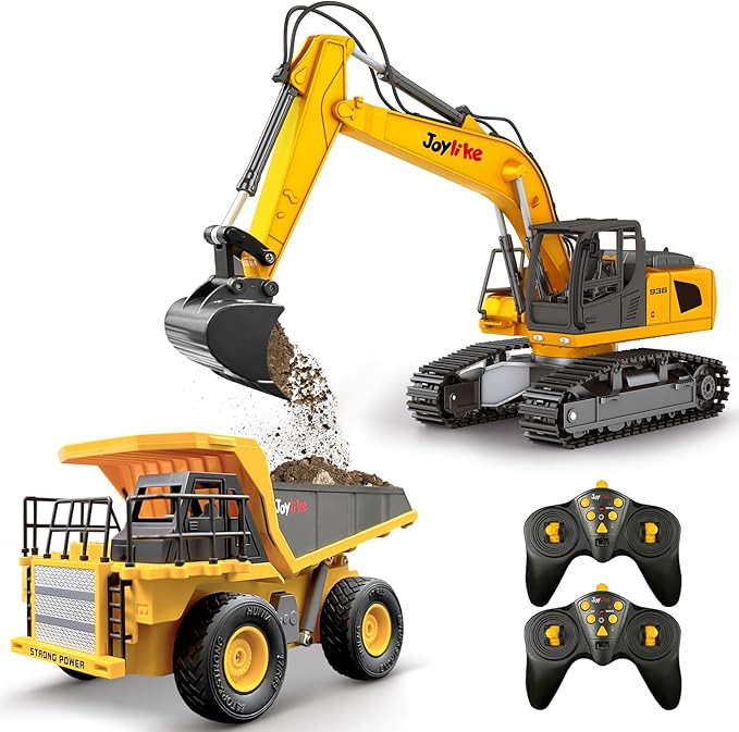 RC Excavator and Dump Truck Toy Set,2.4Ghz Metal Remote Control Construction Vehicle with Light&Sound, Best Christmas Toy for Boys 8+Year Old Kid