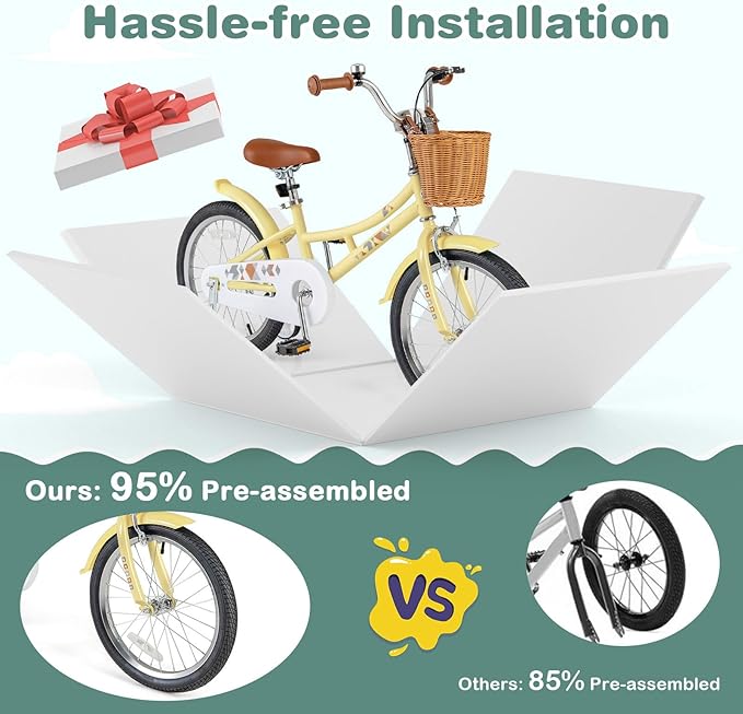BABY JOY Retro Kids Bike, 12 14 16 18 Inch Child Bike for 3-8 Years Old w/Rattan Basket, Adjustable Height, Training Wheels, Fenders, Handbrake Coaster Brake, 95% Pre-Assembled Kids Bicycle for Girls
