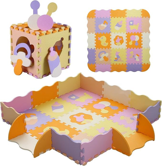 Foam Play Mat for Kids,25Pcs Square Interlocking Puzzle Floor Mat,Baby Play Mat Floor Mat Foam Puzzle Playmat for Toddlers with Fence(Comprehensive-CSH013