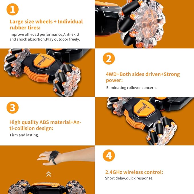 Gesture RC Car, 2.4GHz 4WD Gesture Sensing RC Stunt Car Toys,Double Sided 360° Rolling Rotating Rotation for 3 4 5 6 7 8-12 Year Old Boy Girls Toys(Orange)