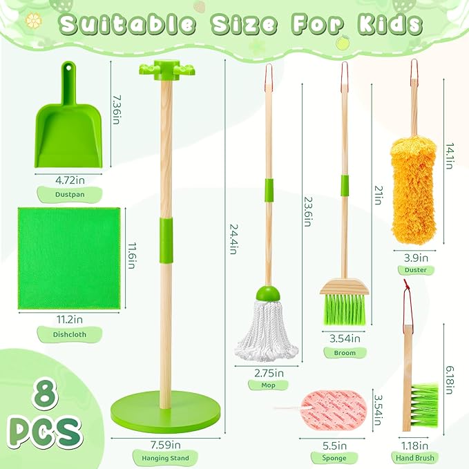 WHOHOLL Kid Cleaning Set, Wooden Toddler Broom Set for Housekeeping, 8 Pcs Kids Broom and Mop Set for Toddlers, Baby Cleaning Toys with Dustpan Sponge, Play Set for Boys and Girls (Green)