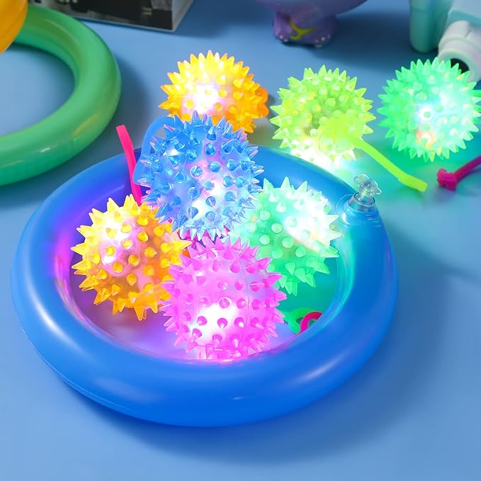 Sotiff 300 Pcs Light up Ball Spiky LED Bouncy Ball Flashing Squeaky Multicolor Puffer Toy Rubber Sensory Toy Carnival Prizes Bulk Party Favors for Teens, Adults, Children