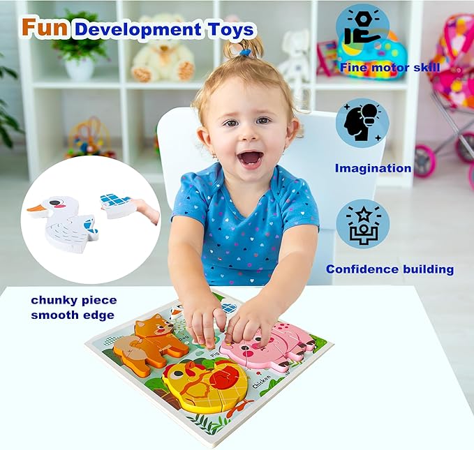 Farm Animal Puzzles for Toddlers 1-3, Gifts for 2 3 Years Old Girls Boys,Wooden Jigsaw Puzzles for Toddlers 2-4, Montessori Toys Learning Educational Toys Kids Ages 2-3