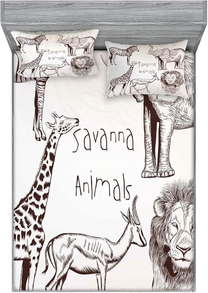 Ambesonne Safari Fitted Sheet & Pillow Sham Set, Composition of Tropic Wild Savannah Animals Lion Giraffe Zebra Graphic, Decorative Printed 3 Piece Bedding Decor Set, Calking, Brown Cream
