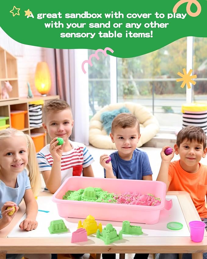 Sensory Bin Sand Tray with Lid for Toddlers 2 Pcs 15in Portable Sandbox Toy Large Plastic Tray for Kids 3 4 5 6 Fill with Sand, Water, Beads, and More (2 Pink)