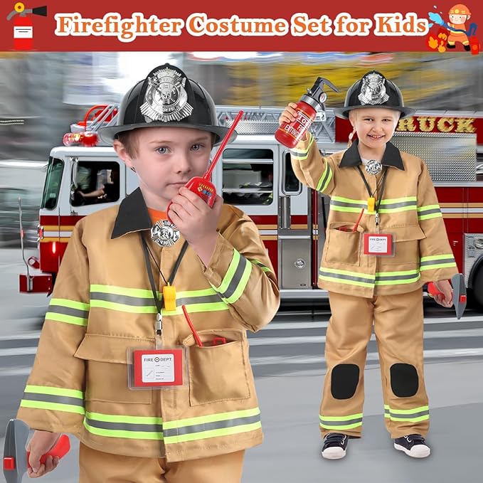 Firefighter Costume for Kids 3-5, Fireman Costume for Boys with Toy Accessories Set, Firefighter Clothes Suit, Toddler Fireman Dress Up Outfit 2-4t, Halloween Role Play for Boys Girls Age 4-7