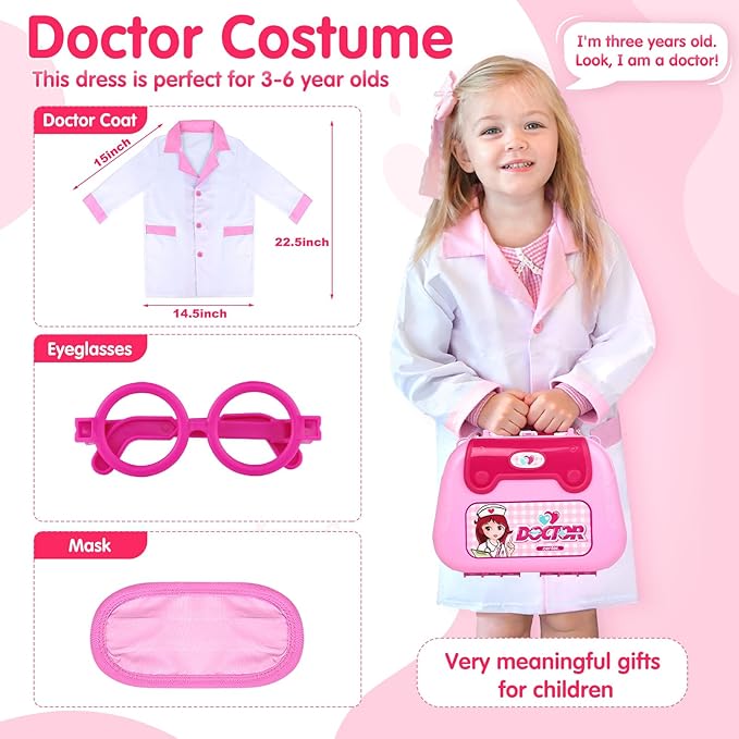 GINMIC Doctor Kit for Toddlers 3-5, 22 Pieces Pretend Play Doctor Set with Halloween Role Play Doctor Costume and Carry Case for Toddlers and Kids, Medical Dr Kit Toys for Girl Age 3 4 5 6 7 Year Old