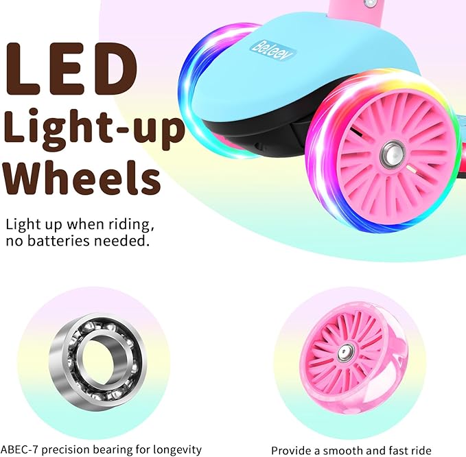 BELEEV A9 Kids Scooter with LED Light-Up Wheels & Deck, 3 Wheel Folding Scooter for Toddlers Girls Boys Ages 3-12, Adjustable Handlebar, Lean to Steer, Extra-Wide Wheels, Kick Scooter for Children